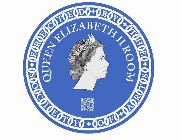 A circular blue emblem featuring a side profile portrait of a crown-wearing woman, surrounded by the words "QUEEN ELIZABETH II ROOM." Decorative patterns encircle the border, with a QR code at the bottom center.