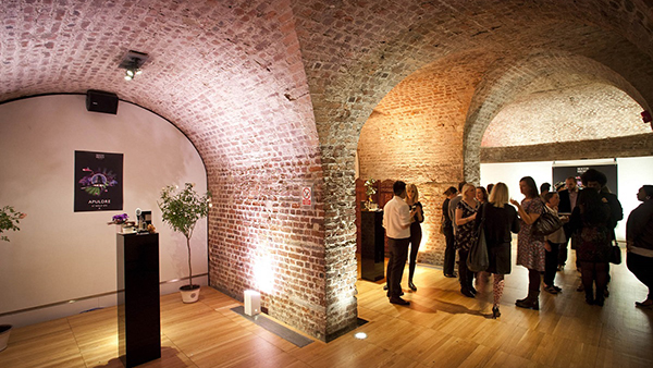 A group of people socializing in an elegant venue with vaulted brick ceilings and wooden floors. Art is displayed on the walls, and potted plants decorate the space. Warm lighting creates a cozy atmosphere.