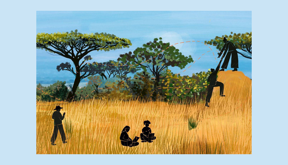 Silhouettes of people in a grassy landscape with acacia trees. One person walks with binoculars, two sit cross-legged, and another helps someone climb a hill. The scene has a blue sky and an adventurous vibe.