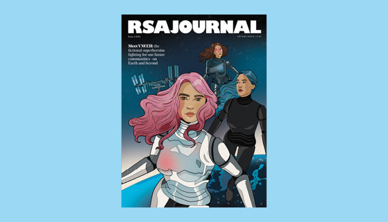 Cover of RSA Journal Issue 2 2023. It features three illustrated women in futuristic space suits with an outer space background and an orbiting satellite. The headline reads: "Meet VC2040: the scientist superheroes fighting for our future.