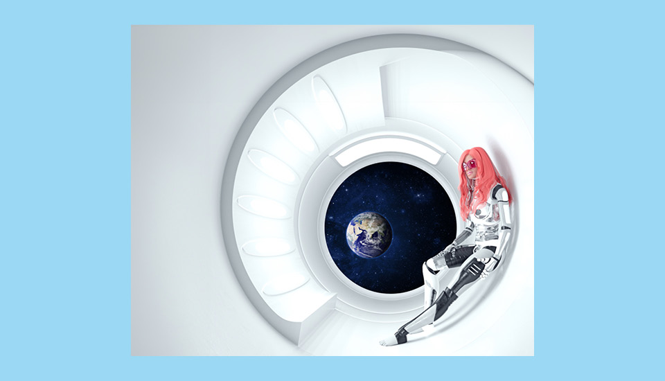 A futuristic humanoid figure with pink hair sits in a white, circular space pod, gazing out of a round window at Earth against a starry black background. The pod features sleek, minimalist design elements.