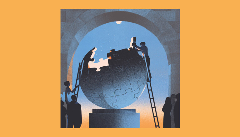 Illustration of four silhouetted figures on ladders assembling a large, globe-shaped puzzle on a pedestal. The background features an arched, stone-like structure with a warm gradient sky.