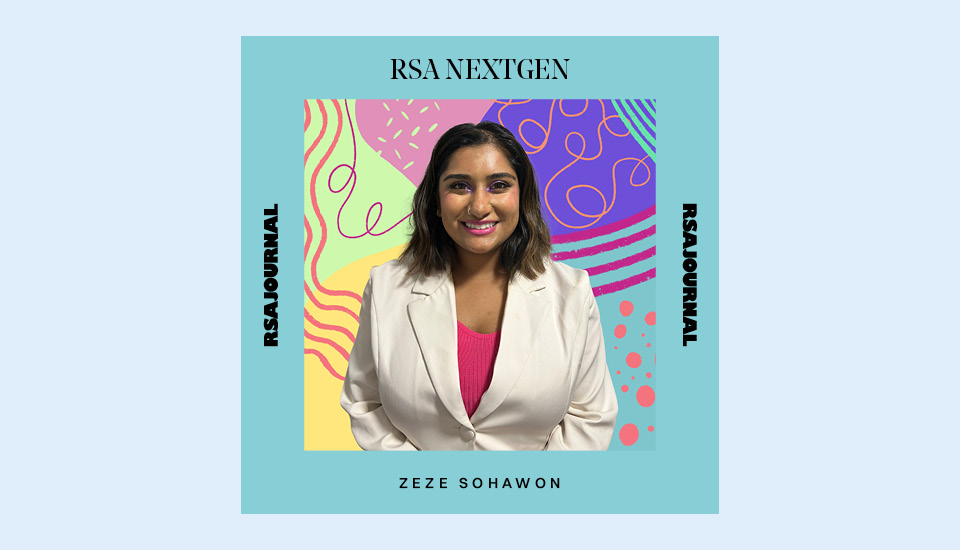 A person wearing a white jacket and pink top is smiling in front of a colorful abstract background. The text reads "RSA NEXTGEN" and "RSAJOURNAL" with the name "ZEZE SOHAWON" at the bottom.