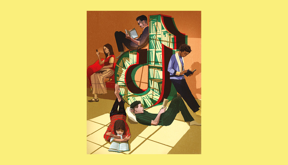 Illustration of diverse individuals reading around and within a large, book-filled TikTok logo. The logo is hollow and books are stacked inside it. The background is a warm yellow-orange shade.