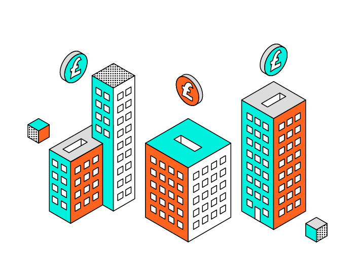 Isometric illustration of three skyscrapers in orange and teal. Three coins with pound symbols hover above them. Small cubes are placed around the buildings on a white background.