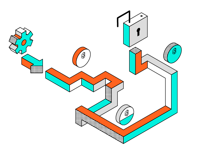 Isometric illustration of a complex, connected pathway featuring a cog, curved arrows, coins with dollar signs, and an unlocked padlock, using teal, orange, and gray colors. Represents a concept of flow or process.