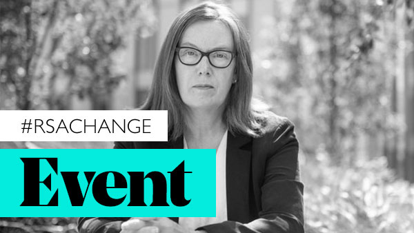 A person with long hair and glasses sits outdoors, wearing a suit. The text reads "#RSACHANGE Event." The background is blurred greenery. The image is in black and white.