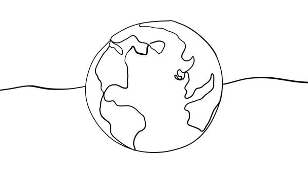 Line drawing of a globe featuring simple outlines of continents. The Earth is centered against a plain background with a horizontal line running through the middle, resembling a minimalist style.