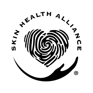 Logo featuring a black fingerprint forming a heart shape, encircled by the words "Skin Health Alliance." A swoosh design appears beneath the heart, possibly representing a stylized hand.