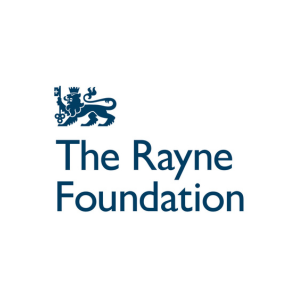Logo of The Rayne Foundation featuring a navy blue lion holding a key above the organization's name. The text and emblem are centrally aligned on a white background.