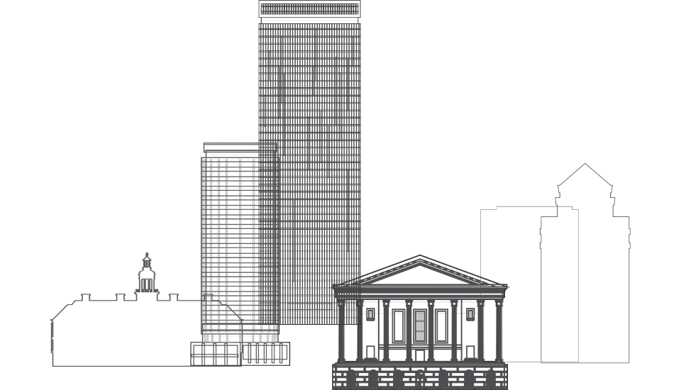 Illustration of five architectural structures: a classic building with columns, three modern skyscrapers with grid patterns, and a historic building with a dome. Buildings vary in size and style, ranging from traditional to contemporary designs.