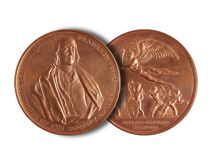 Bronze medallion featuring a portrait of Benjamin Franklin on the left, with the inscription "Benjamin Franklin, 1706 – 1790, Member of the Society of Arts." Right side shows allegorical figures and "Arts and Commerce Promoted.