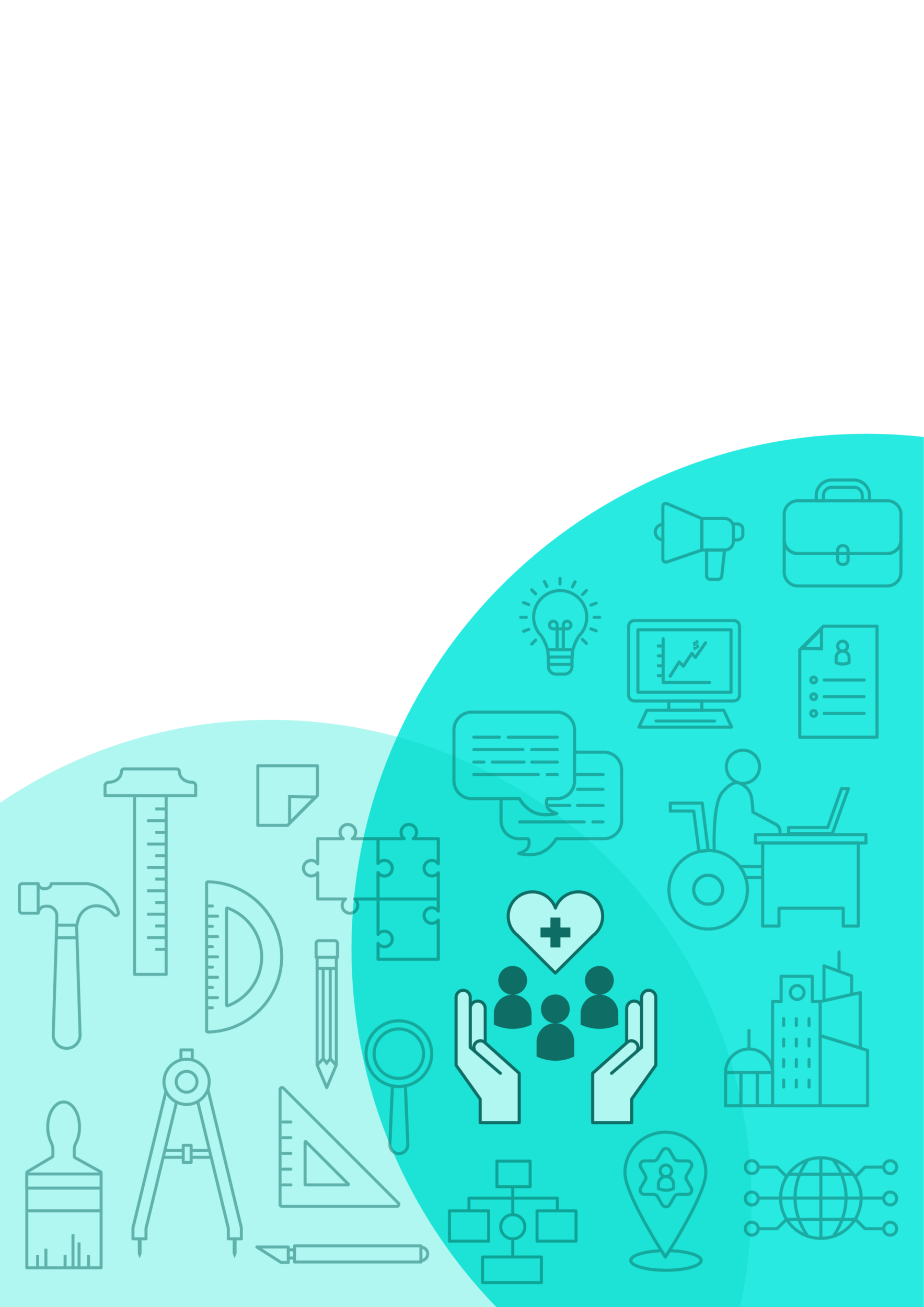 Abstract illustration with two overlapping turquoise semicircles containing various icons, including tools, medical symbols, light bulbs, and charts, representing concepts of engineering, healthcare, and business.