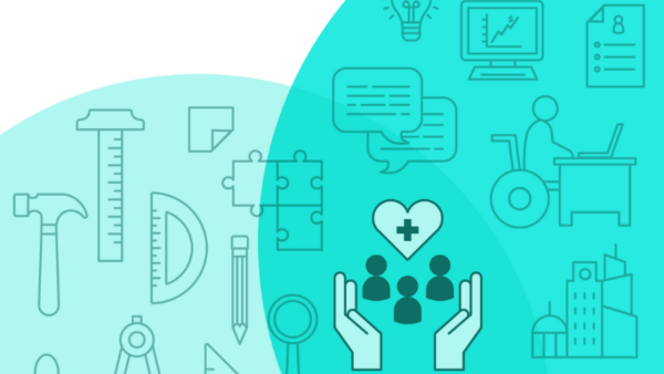 Illustration showing two overlapping circles. The left circle has tools like a hammer and ruler, symbolizing hardware. The right circle features abstract icons like a person at a computer and speech bubbles, representing communication and collaboration.