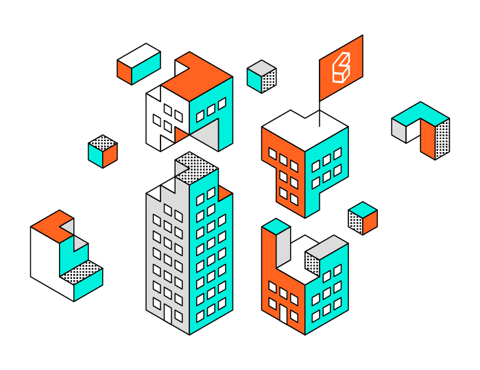 Abstract illustration of orange and teal buildings in a geometric style, with a flag featuring a cube design on one building. Floating cubes and building segments surround the structures, set against a plain white background.