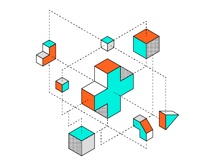 Abstract geometric composition with various interconnected 3D shapes in orange, teal, and white. Shapes include cubes and cuboids with dotted textures, linked by dotted lines on a white background.