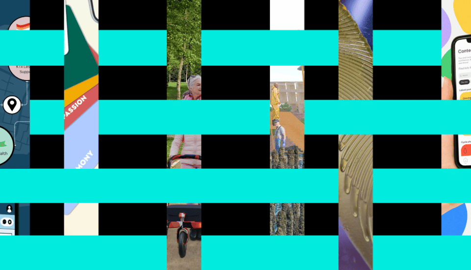 A collage of images partially obscured by horizontal turquoise stripes. The visible sections show phone screens, a map, a person with a bike, a close-up of a vinyl record, and various colorful abstract patterns.