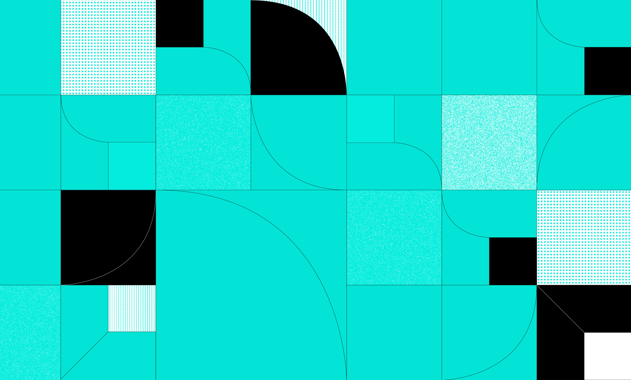 A geometric abstract design with a grid of various shapes, including squares, rectangles, and curves in turquoise, black, and white. Patterns of dots and solid colors create contrast, and curved lines intersect the composition.