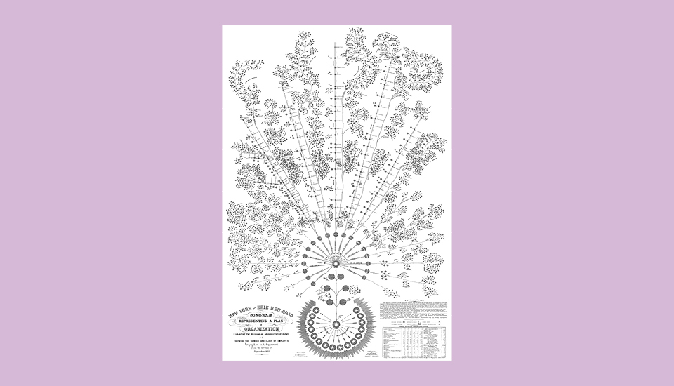 An intricate, black-and-white genealogical tree diagram on a pink background displays detailed family connections branching out from a central point, labeled with dates and names. Small illustrations of trees embellish the structure.
