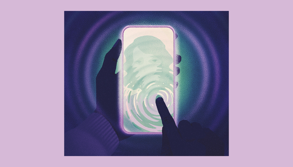 A person holding a smartphone with a swirling, watery effect on the screen. A blurred face is visible in the swirl. The colors are predominantly purple and blue, with a glowing light emanating from the display.