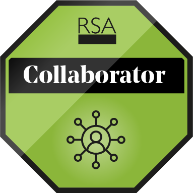 Green octagonal badge with the text "RSA" on top. Below it, "Collaborator" is written across a black stripe. At the bottom, there's an icon of a person surrounded by connected lines, resembling a network.