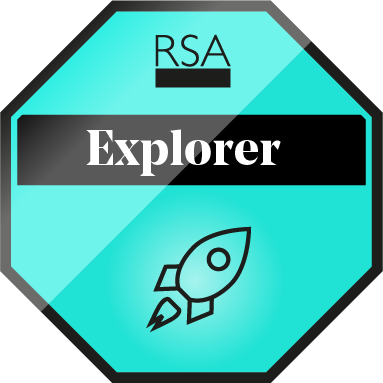 Octagonal teal badge with "RSA" at the top and "Explorer" in bold white text across the middle. Below is a simple black outline of a rocket icon.