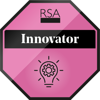 A pink octagonal badge with "RSA" at the top, "Innovator" in bold on a black strip in the middle, and a light bulb with a gear inside at the bottom, symbolizing creativity and innovation.