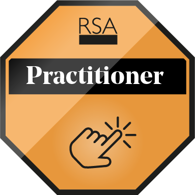 Octagonal orange badge with "RSA Practitioner" written across it. A hand icon pointing with index finger extended is below the text.