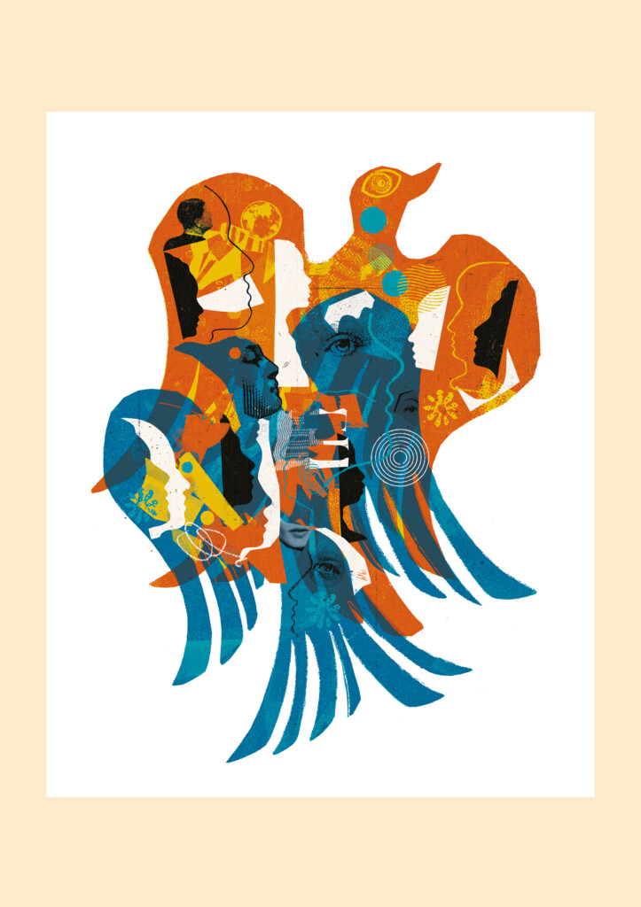 Abstract artwork featuring bird-like shapes in blue, orange, and yellow. Silhouettes of human profiles and geometric patterns are interwoven within the shapes, creating a dynamic and colorful composition. The background is off-white.
