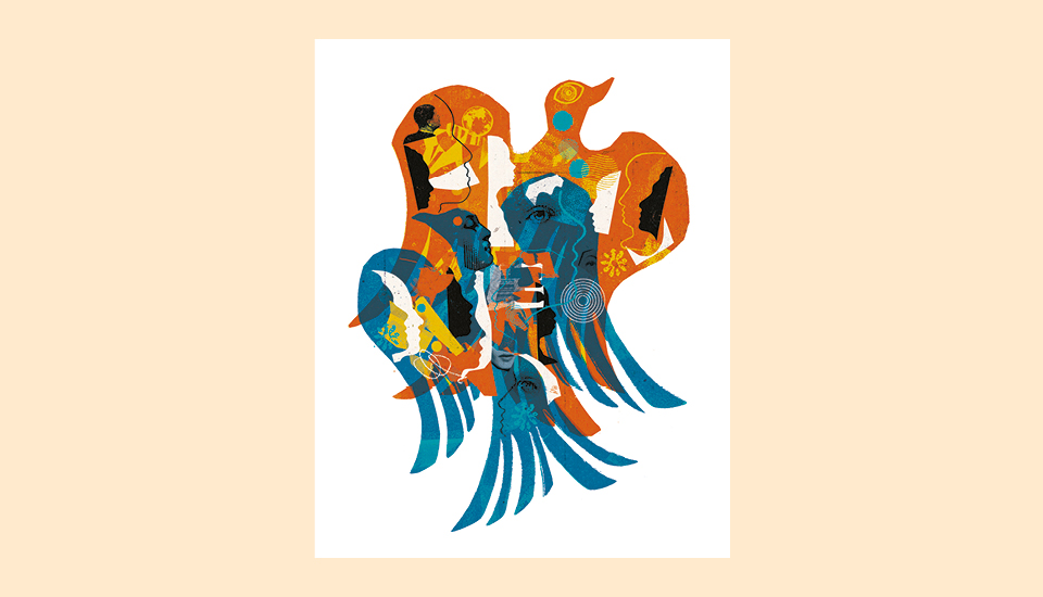 A vibrant, abstract illustration of overlapping, multicolored birds, primarily in orange and blue tones. Some birds have human figures and faces incorporated into their designs, creating a blend of organic and human forms on a light background.