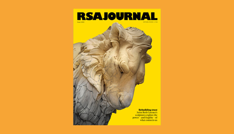 Cover of RSA Journal, Autumn 2023 issue, on a bright yellow background. Features a sculptural lion's head with a flowing mane. Text mentions Julieta Guller's sculptures and the theme of power.