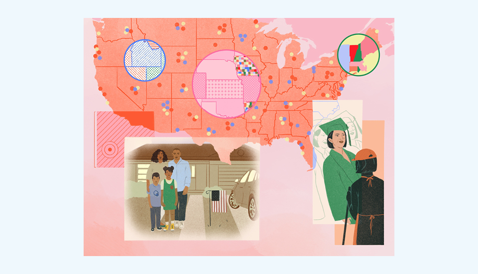 Illustration of a U.S. map adorned with colorful dots and circles, igniting curiosity about the data it represents. Below, a family poses with an American flag, while a graduate in green attire stands beside a firefighter in uniform amidst abstract patterns, celebrating diverse communication skills.