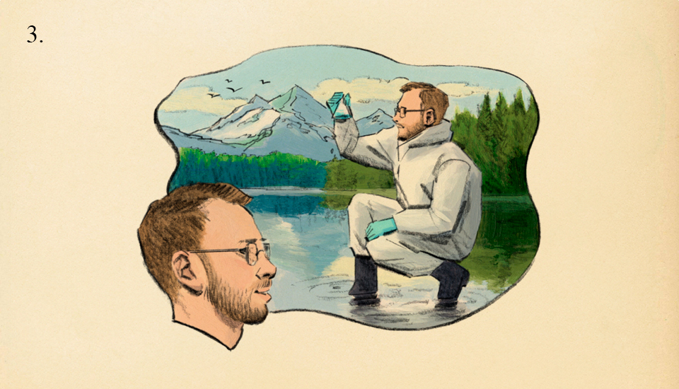 An illustration features a man in profile on the left. Inside a thought bubble, he's seen wearing protective clothing, kneeling by a lake with mountains, holding up a vial of water, and surrounded by trees and birds.