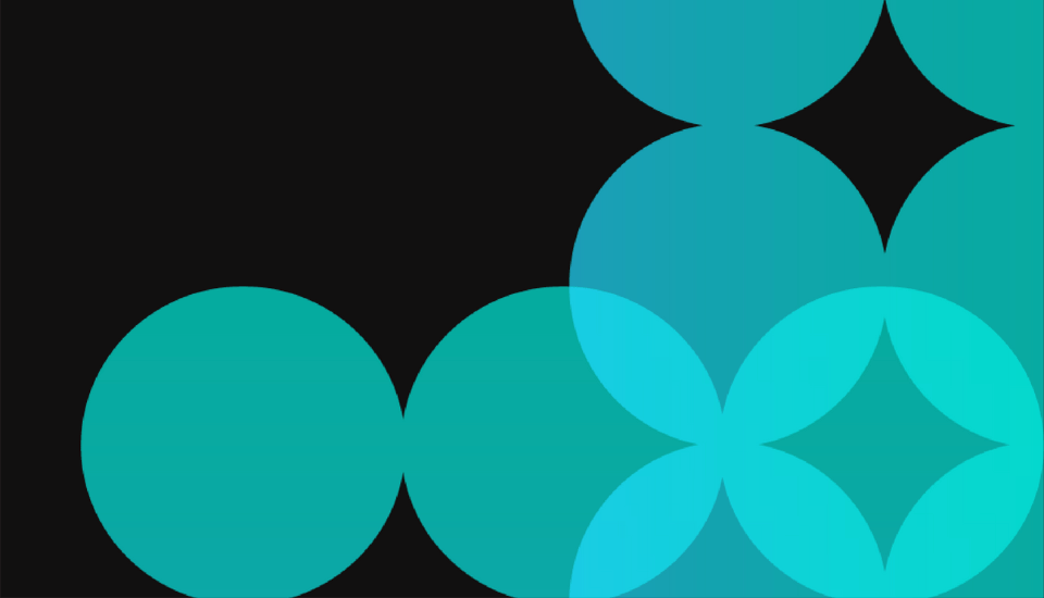 An abstract design featuring overlapping teal circles on a black background. Some circles intersect to form petal-like shapes, creating a geometric and symmetrical pattern.