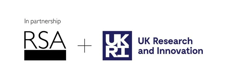 Logos of RSA and UKRI with the text "In partnership" above. UKRI is labeled "UK Research and Innovation." The logos, separated by a plus sign, highlight their commitment to fostering public engagement in research and innovation initiatives.
