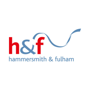 The logo features the lowercase letters "h&f" in red, with "hammersmith & fulham" in light blue beneath, and a blue wavy line arching above and around the letters on a white background.