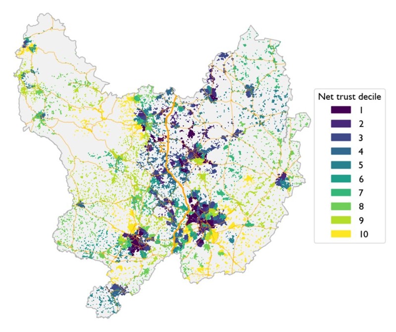 A map of China showing net trust deciles by color, ranging from dark blue (lowest trust) to yellow (highest trust). Different regions display varying concentrations of trust levels. Major roads and cities are visible.