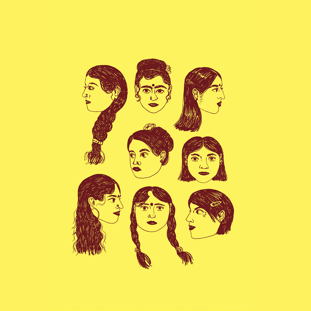 Illustration of eight women’s faces and hairstyles, drawn in dark red lines on a yellow background. The women are shown in both profile and frontal views, each with unique hairstyles and expressions.