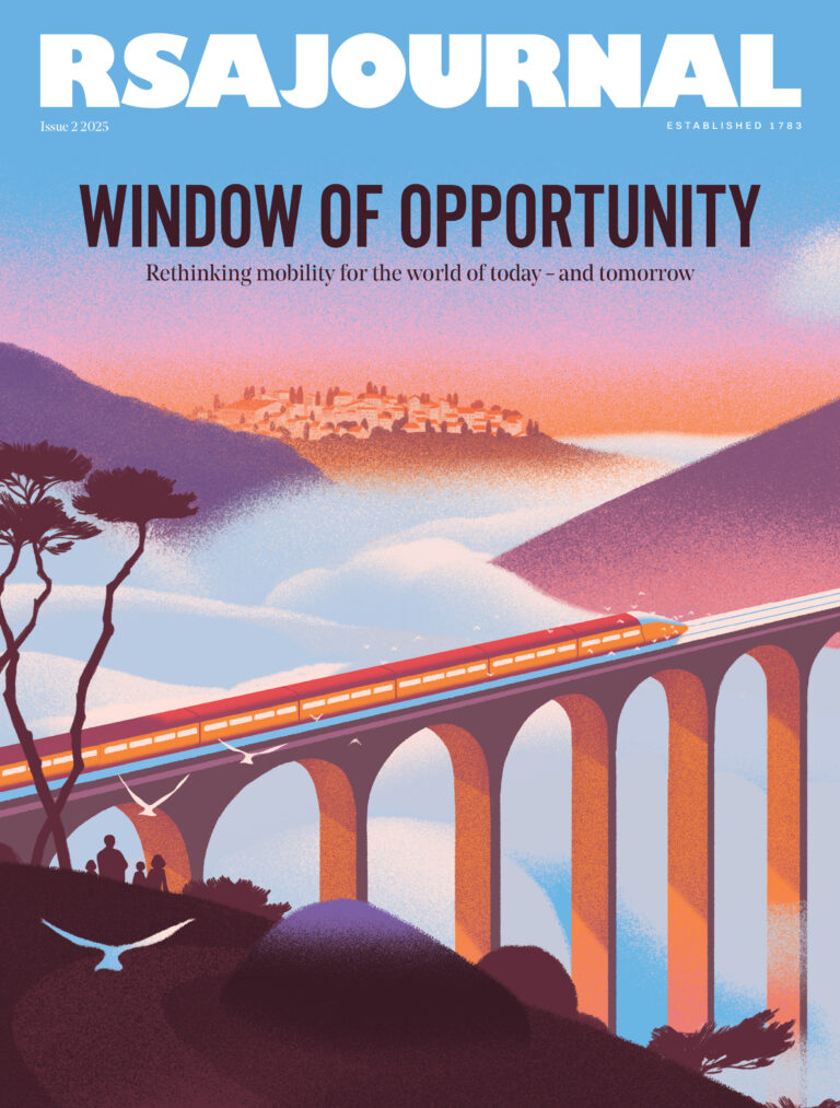 A stylized cover of RSA Journal shows a modern train crossing a tall, arched bridge over a purple landscape, with hills, trees, birds, and a distant town. The text reads "Window of Opportunity: Rethinking mobility for today—and tomorrow.