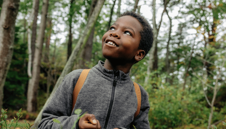 A young boy wearing a gray jacket and brown backpack stands in a forest, looking up and smiling, surrounded by green trees and foliage.