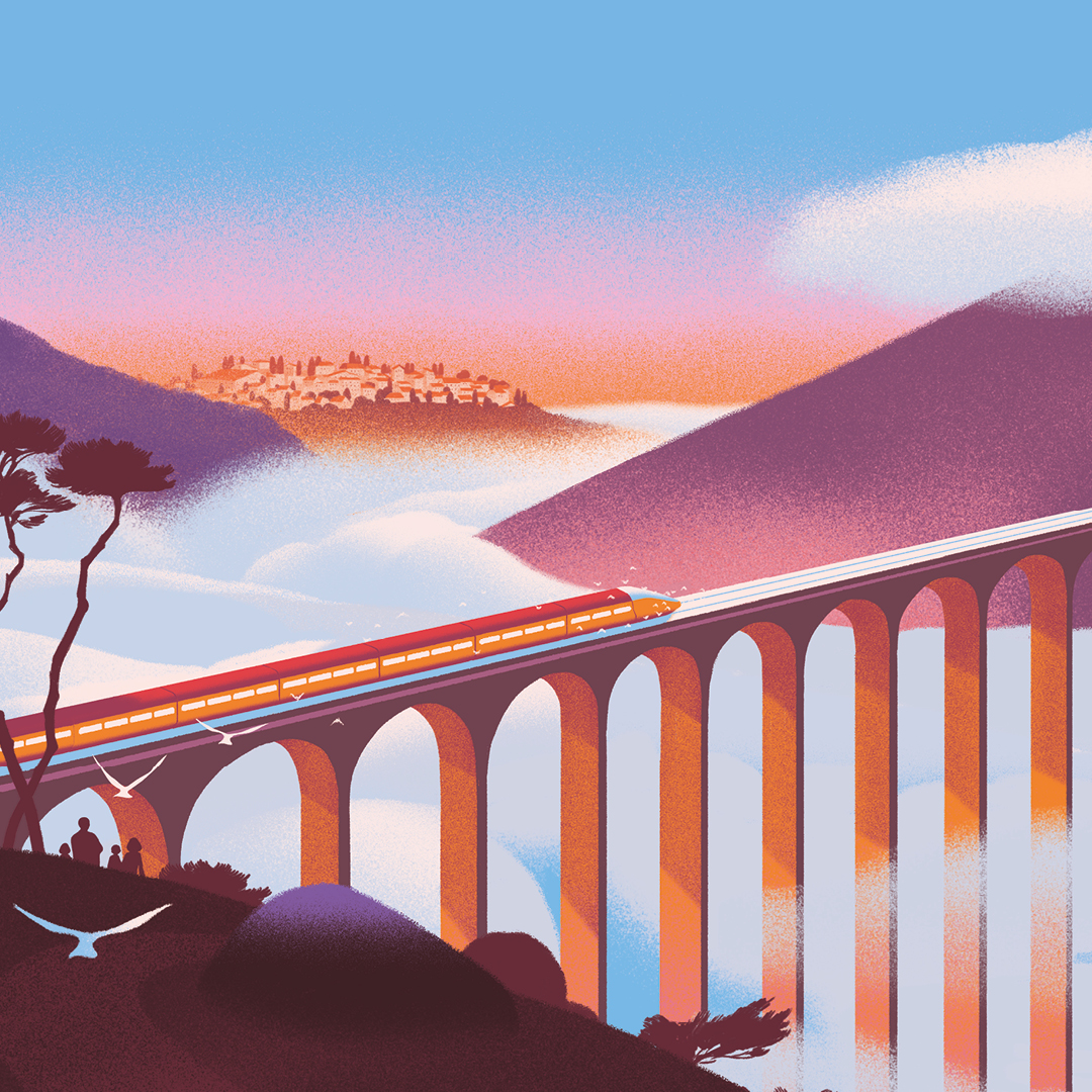 A red train crosses a tall arched bridge over misty hills at sunrise, with two people and birds in the foreground and a distant town glowing in soft orange light.