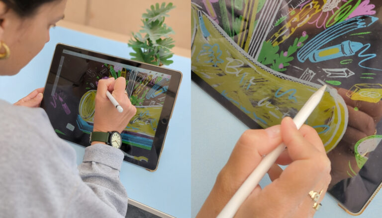 A person uses a stylus to draw colorful abstract designs on a tablet. The left side shows the person working, while the right side gives a close-up of the hand and stylus adding details to the digital artwork.