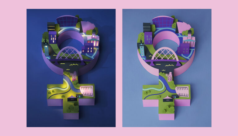 Two stylized female symbols made from layered paper, each depicting a cityscape with buildings, trees, roads, and a central bridge. The left background is dark blue, the right is light blue, both bordered in pink.