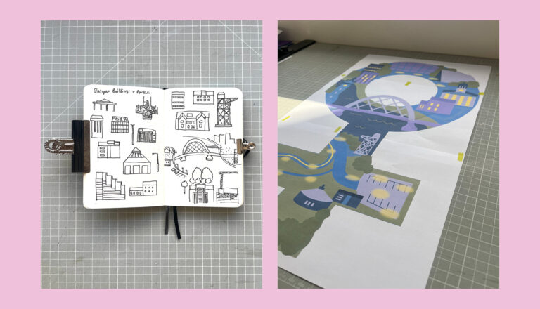 Two images side by side: on the left, a sketchbook with black ink drawings of various buildings; on the right, a colorful, stylized illustration of buildings and bridges laid on a gridded surface. Both images have a pink border.