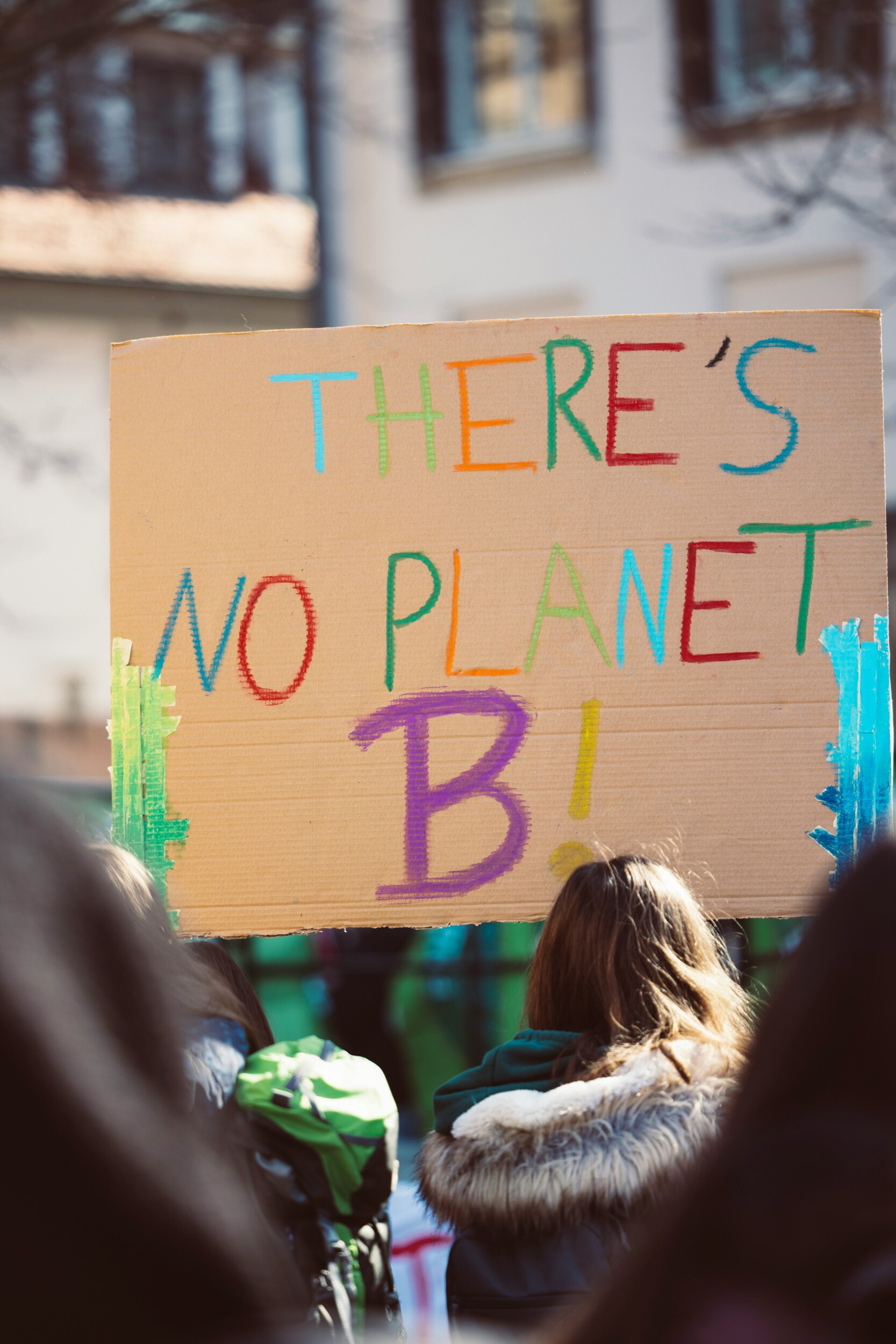 A group of people at a protest hold a large cardboard sign painted with the words "THERE'S NO PLANET B!" in colorful letters, emphasizing the urgency of environmental action.