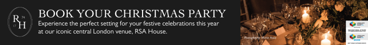 Banner advertising Christmas party bookings at RSA House, London. Elegant dinner table with candles and flowers on the right; RSA House logo and text about festive celebrations on the left.