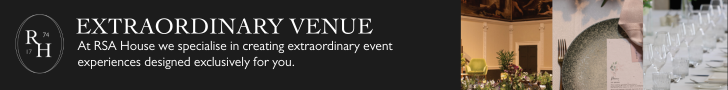 Banner featuring the RSA House logo and text: "EXTRAORDINARY VENUE. At RSA House we specialise in creating extraordinary event experiences designed exclusively for you," alongside blurred event and table setting images.