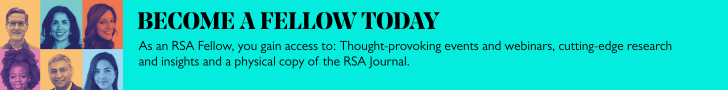 Banner with "BECOME A FELLOW TODAY" in bold, and text about RSA Fellowship benefits. Left side shows a vertical strip of diverse, monochrome portraits in purple, orange, and teal squares.