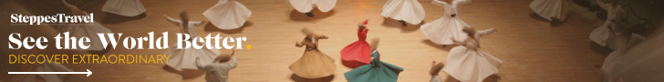 A group of whirling dervishes in flowing robes spin on a wooden floor. Text reads: "Steppes Travel. See the World Better. Discover Extraordinary.