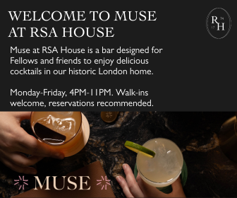 A promotional graphic for Muse at RSA House, featured in the RSA Journal, with cocktails and text inviting guests to a bar open Monday to Friday, 4–11 PM. Enjoy drinks with friends—walk-ins welcome; reservations recommended.